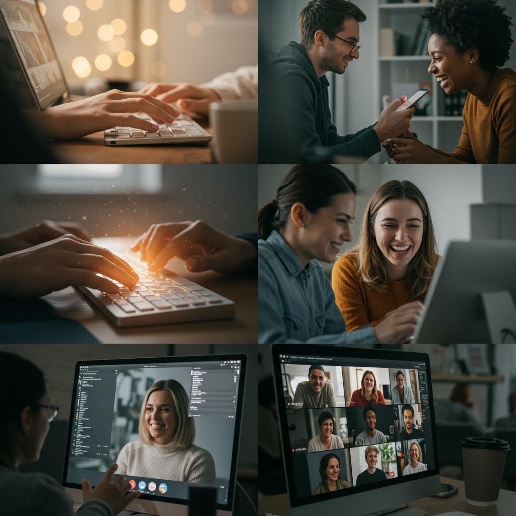 화면을 통해 서로 웃으며 대화하는 사람들의 모습 속에서 디지털 환경이 만들어내는 데이터흐름이 드러나는 장면