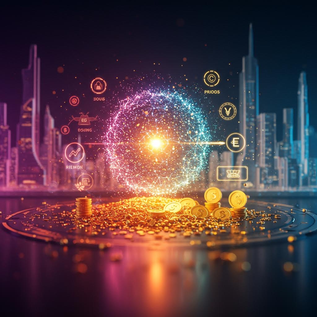 미래형 도시 스카이라인을 배경으로 중앙의 빛나는 입자 소용돌이에서 황금색 암호화폐 코인들이 쏟아지고, 주변에 다양한 암호화폐 심볼 아이콘(비트코인, 이더리움 등)이 떠 있는 디지털 금융 및 블록체인 개념 시각화