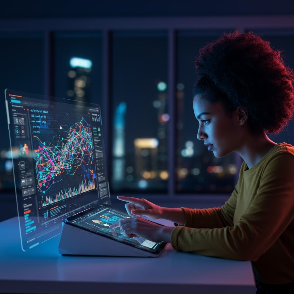 온카스터디 데이터 분석가 - 3D 금융 차트와 복잡한 데이터 시각화를 검토하는 야간 작업 전문가