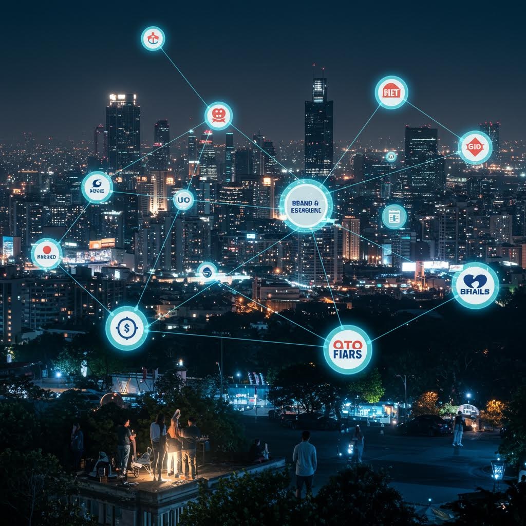 
온카스터디 브랜드 생태계 네트워크 - 도시 야경 위에 펼쳐진 다양한 비즈니스 로고와 연결 노드 시각화