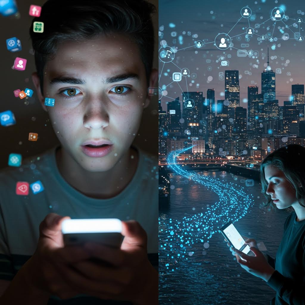 왼쪽에는 어두운 배경에서 스마트폰을 들고 있는 젊은이의 얼굴 주변에 다채로운 앱 아이콘들이 떠 있고, 오른쪽에는 야경 도시를 배경으로 휴대폰을 사용하는 사람과 청록색 빛의 데이터 흐름 및 소셜 네트워크 연결이 표시된 2개의 이미지 구성