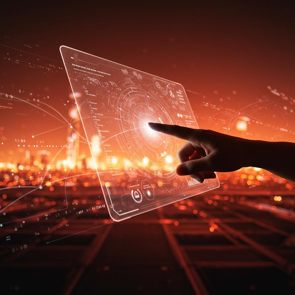 온카스터디 스마트시티 인터페이스 - 주황빛 도시 위에 떠 있는 투명 홀로그램 대시보드를 조작하는 손