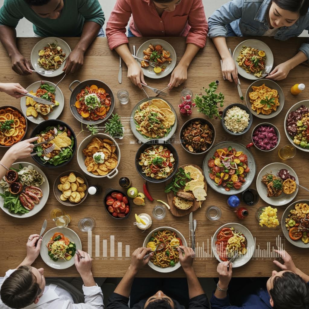 온카스터디 공유 식사 경험 - 다양한 요리가 가득한 테이블을 둘러싼 사람들의 조감도와 투명 데이터 그래프 오버레이