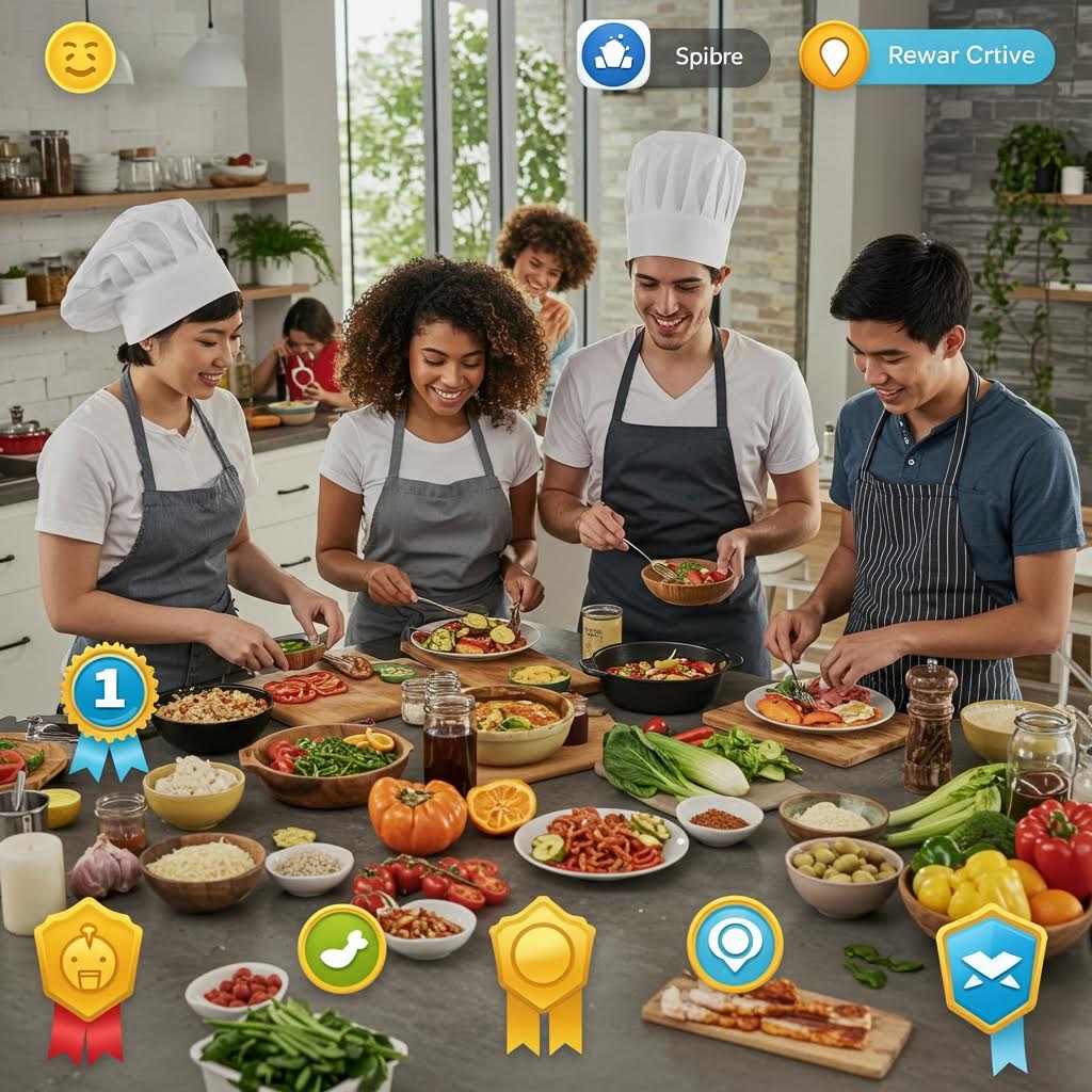 온카스터디 요리 커뮤니티 - 게이미피케이션 배지와 보상 아이콘이 있는 건강한 음식 준비 협업 요리 클래스