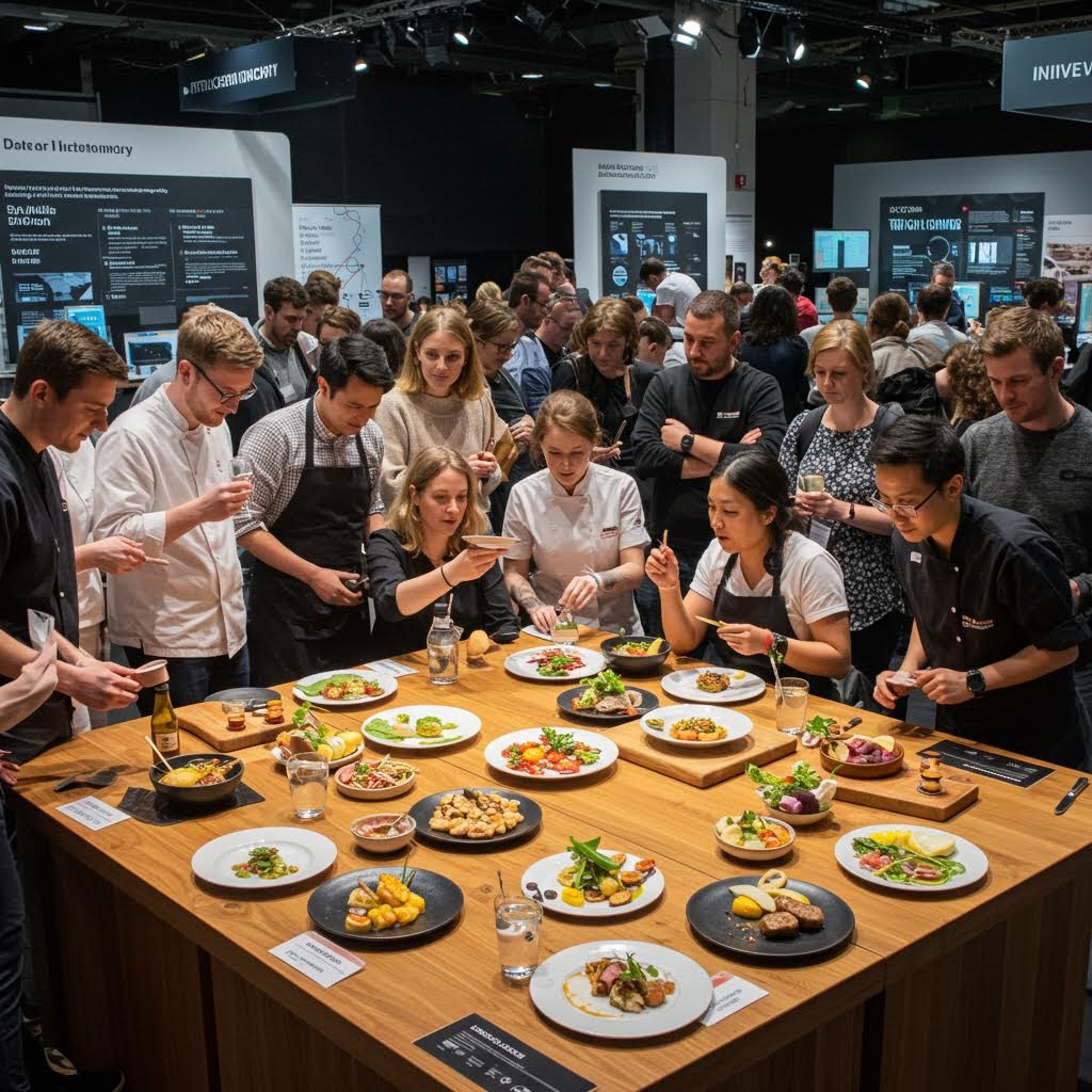 온카스터디 푸드테크 박람회 - 고급 요리가 진열된 대형 테이블 주변에 모인 셰프와 참가자들의 시식 이벤트