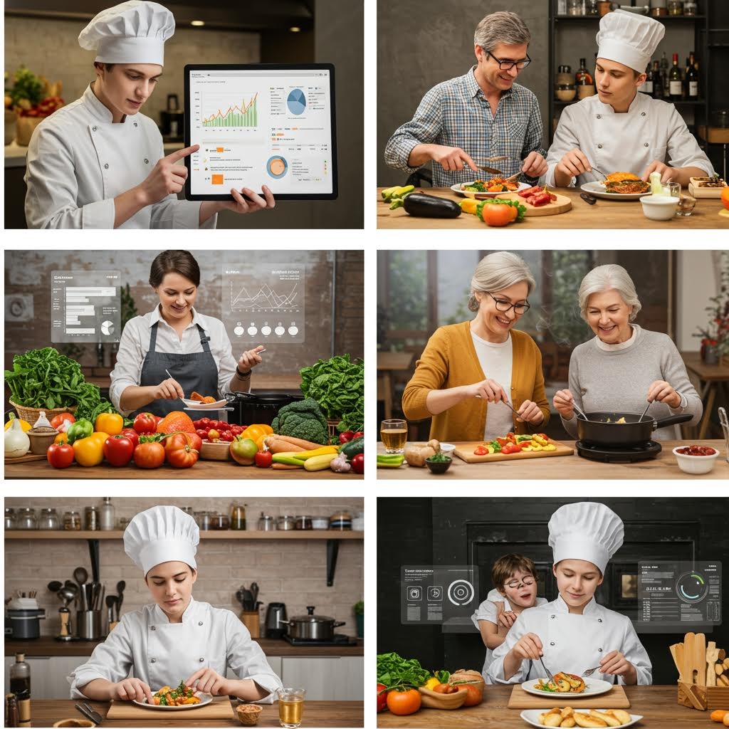 요리사와 가정에서 요리하는 사람들이 다양한 주방 환경에서 음식을 준비하는 모습을 담은 6개의 사진 콜라주 - 디지털 대시보드 검토, 재료 손질, 플레이팅 등 요리 과정과 영양 데이터 분석을 포함