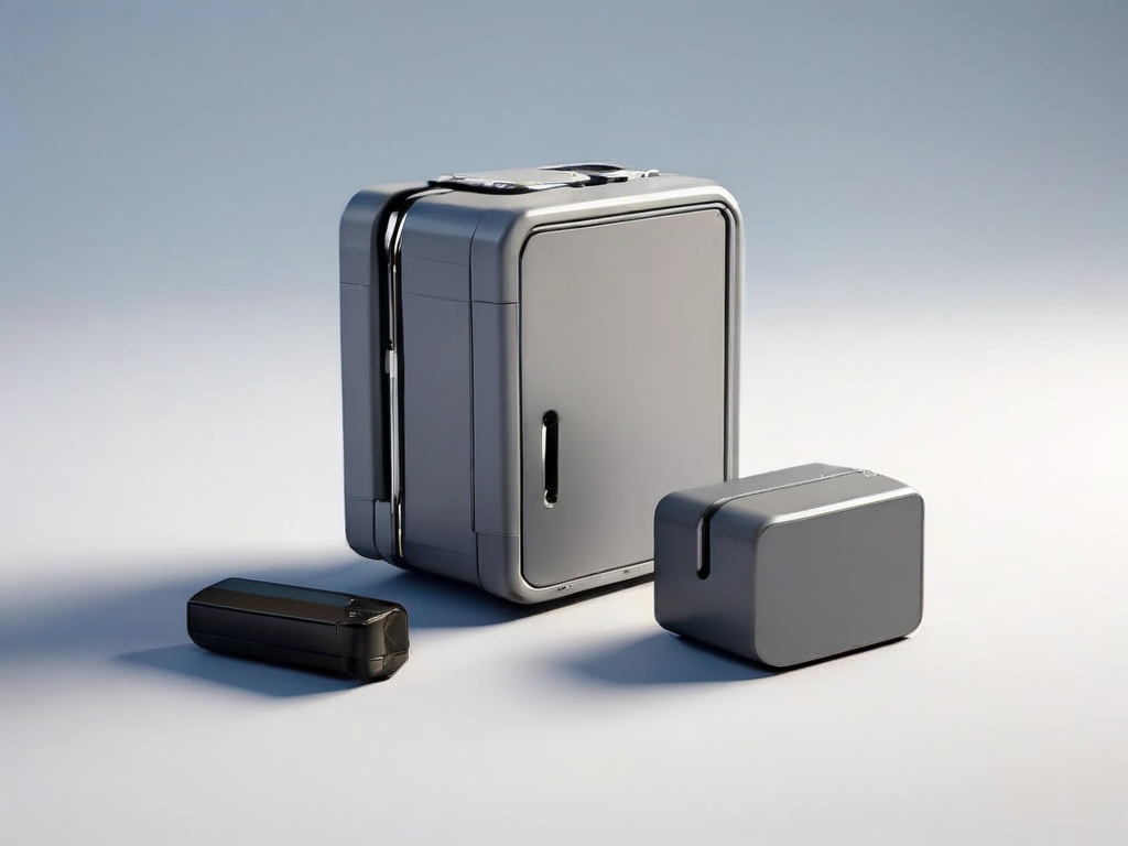 A portable storage drive and stacked data blocks on a gray studio surface with soft side light, symbolizing cleanup preparation.
