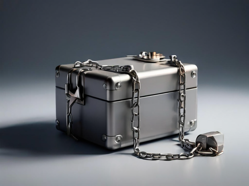 Small gray sealed case with metal chain and scattered data block pieces on a studio surface.