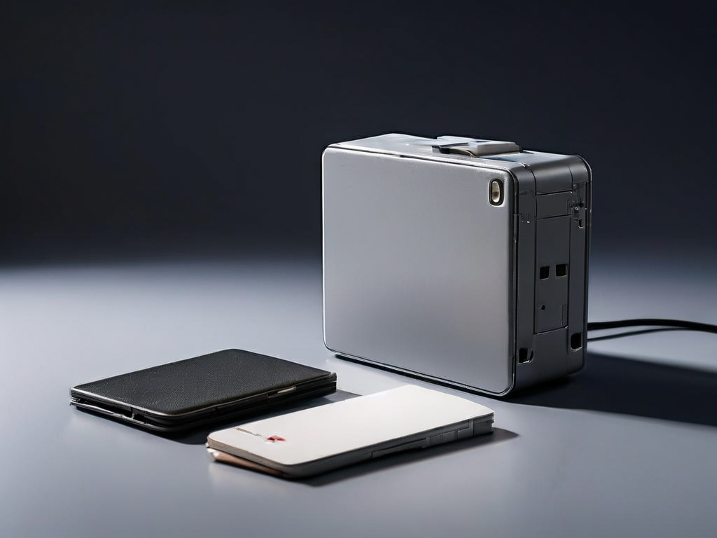 A flat memory card, a sealed external drive, and a blank photo sleeve arranged on a gray studio surface.