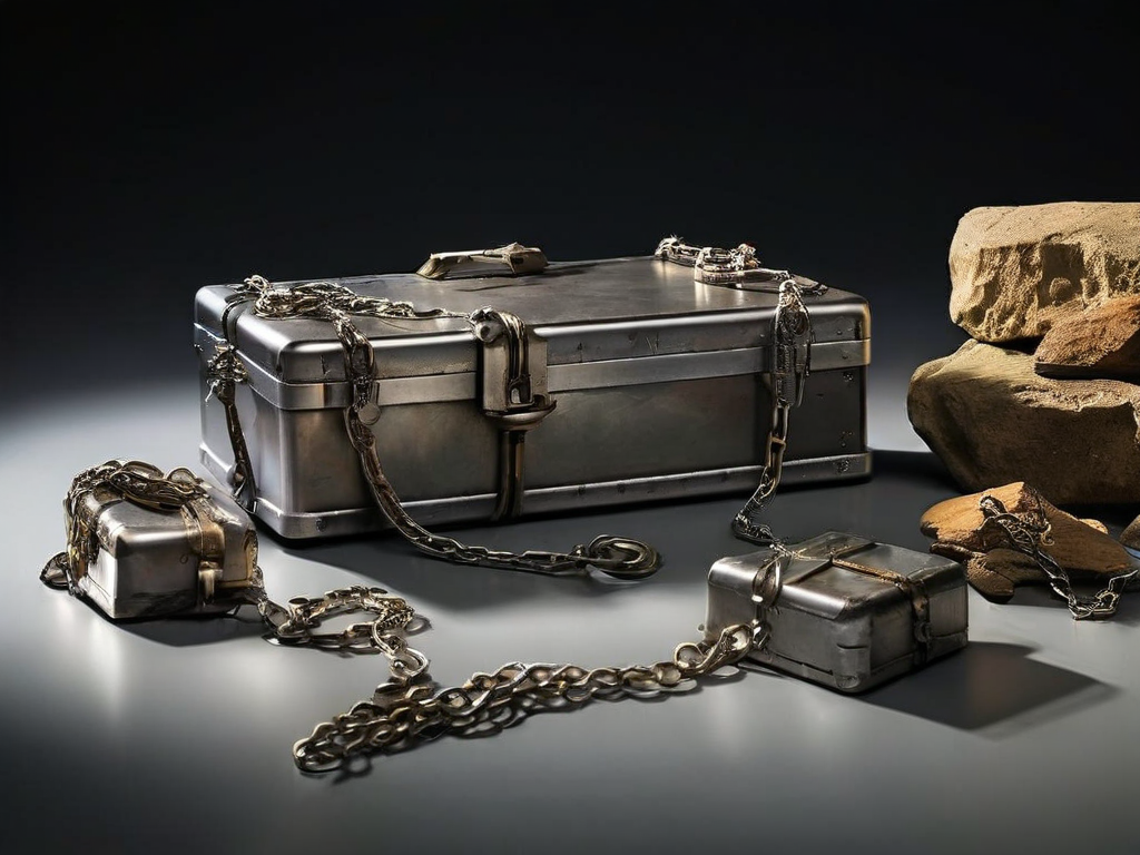 A sealed clear storage case with a short metal chain and separate small blocks representing file locations on a neutral acrylic...