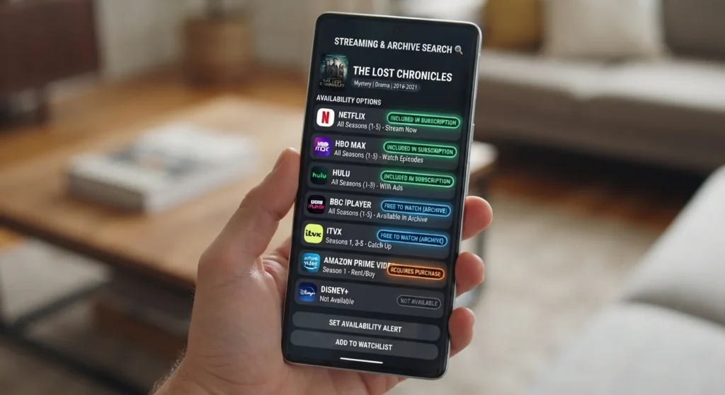 Search interface of a streaming aggregator app showing TV show availability across platforms.