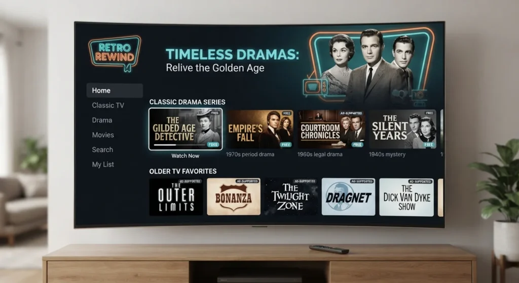 Regional OTT application and free ad-supported streaming service interface on a Smart TV.