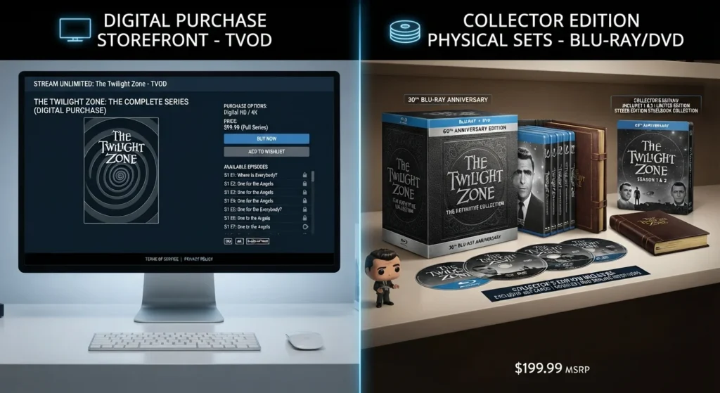 Digital video purchase store options alongside physical Blu-ray and DVD box sets.