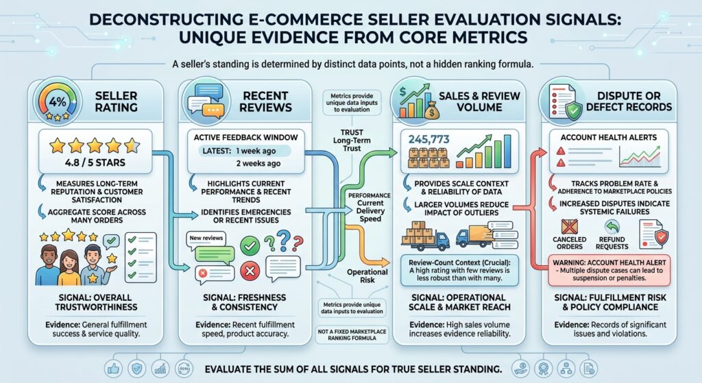Diagram explaining how seller ratings, recent reviews, sales volume, and dispute records provide different evidence about an e-commerce seller.